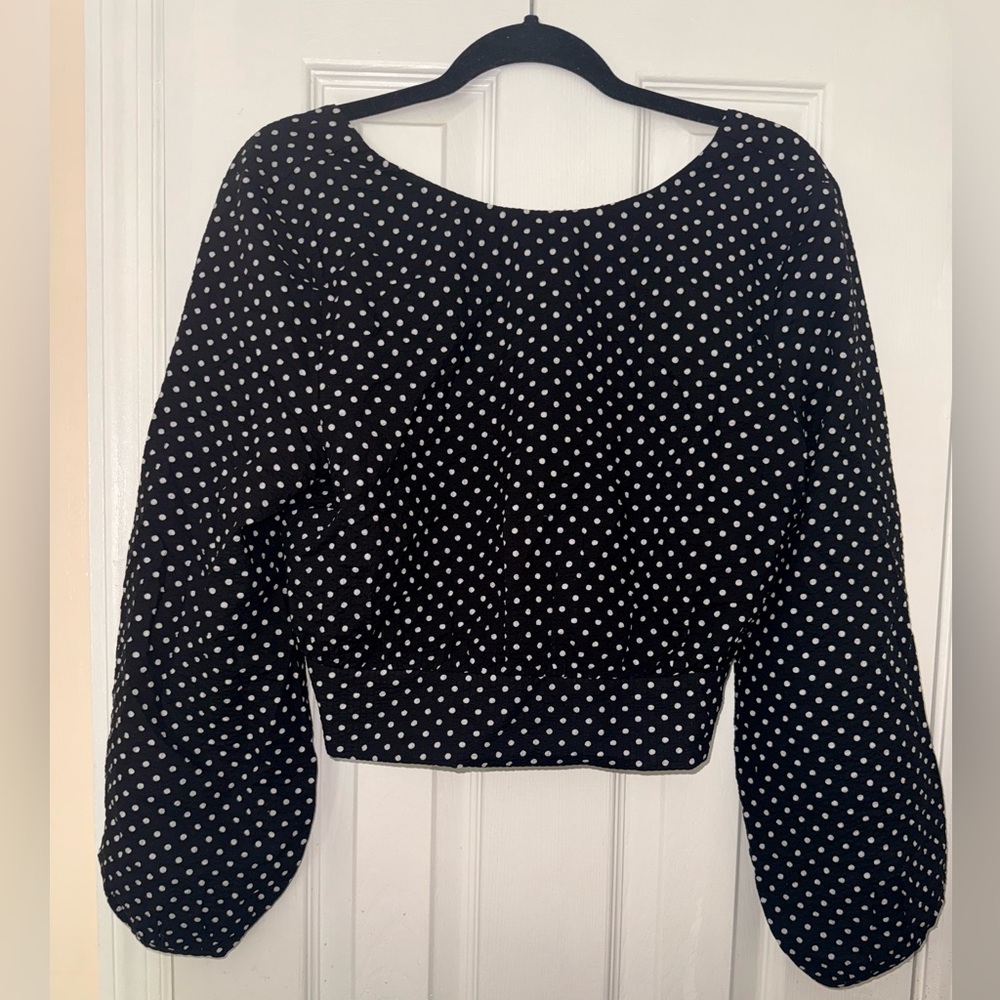 Love Bonito: Black Polka Dot Women's Crop Top Balloon sleeve
